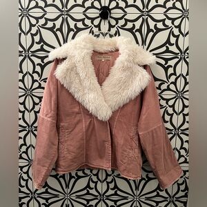 Free People Lolo Denim Jacket with faux fur collar, Pale Mauve, size S, NWT
